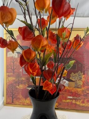 Autumn Floral Arrangement Faux Orange Chinese Lantern Stems Black Vase FALL